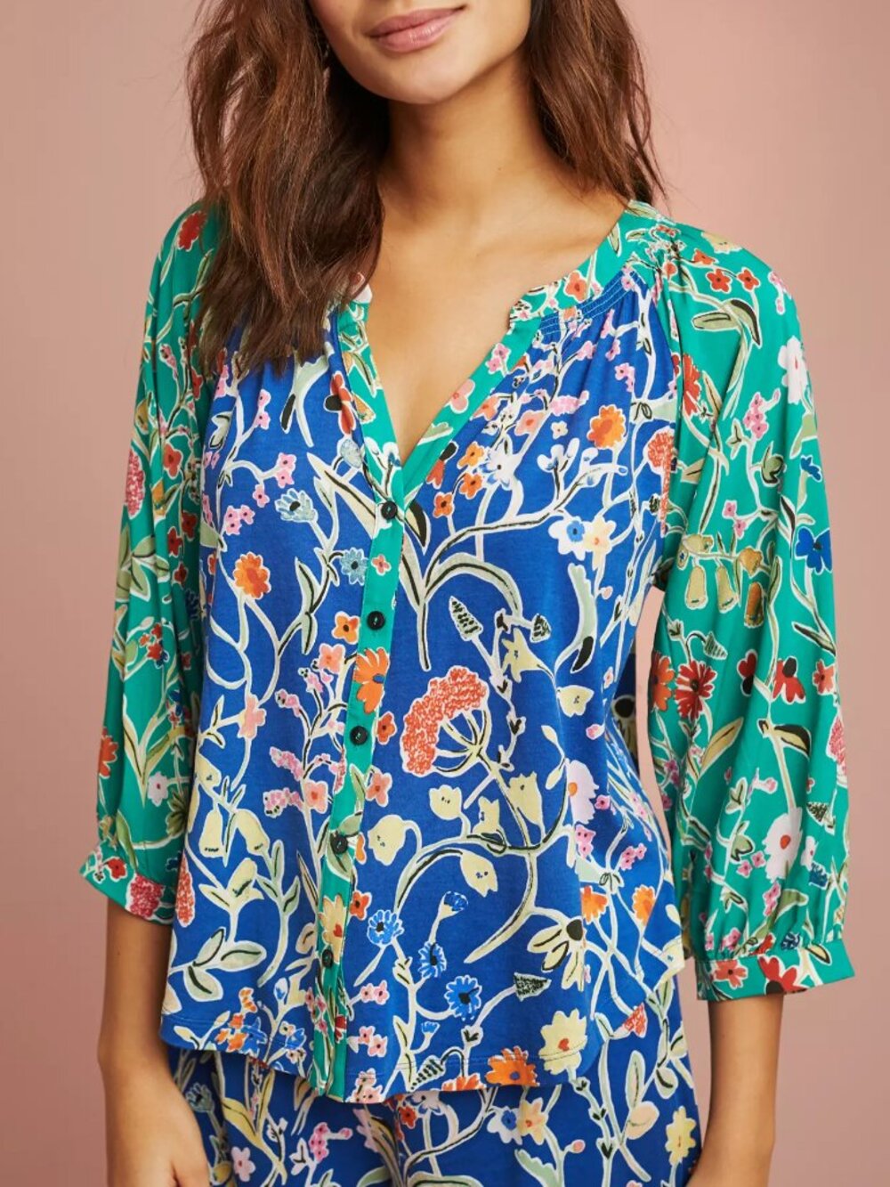 Anthropologie Floreat Dolores Floral Lounge Sleep Shirt Peasant Loose Fit Blouse